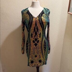 Black Multicolor Sequin V-Neck Party Dress